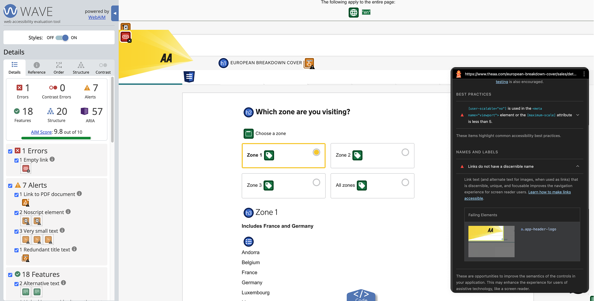 WAVE accessibility audit results highlighting errors and alerts, with Lighthouse results used as a complementary automated check.